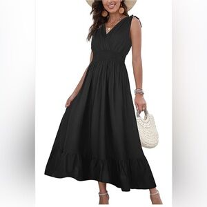 Black Maxi Dress Tiered Smocked Faux Wrap Size Large Ostoo‎